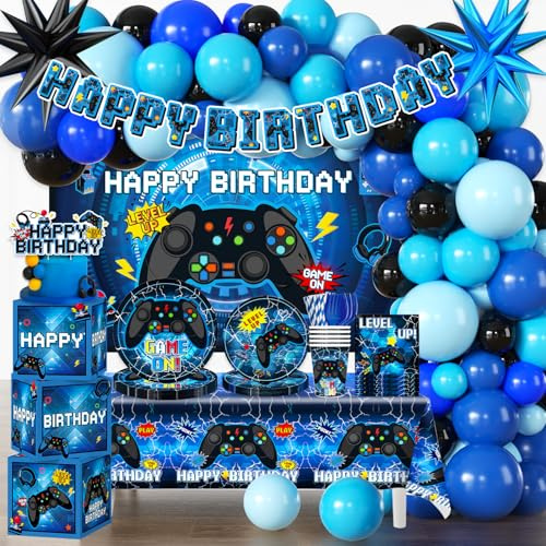 Gamer Birthday Party Decorations for Boys, Serves 20, All-in-One Set Blue Video Game Birthday Decorations, Video Game Balloon Arch Tableware Cake Topper Balloon Box Backdrop Tablecloth