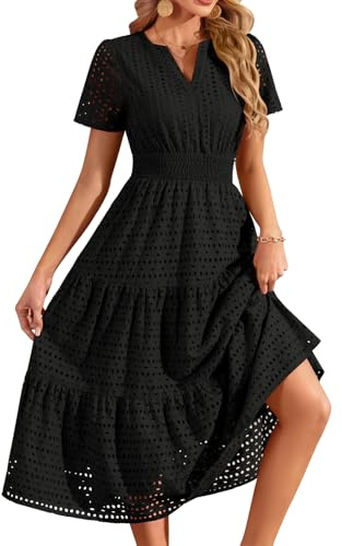 PASUDA Vestidos Verano Mujer Largo Elegante Vestido Mangas Cortas Cuello V Algodón Fiesta Vestidos Sueltos Casual Vestido de Playa Bohemio con Bolsillos