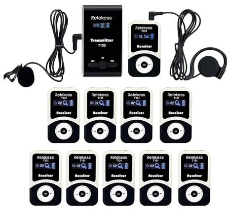 Retekess T130-T131 Wireless Tour Guide System, Audio Tour Guide System, PLL Technology, 60m, 12H Standby, Tour Guide Microphone, Applies toFactory Tours, Travel, College(1 transmitter 10 receivers)