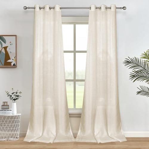 Melodieux Gardinen Beige Transparent Leinen Optik Vorhänge Kurz mit Ösen für Wohnzimmer Schlafzimmer, 2er Set 183x140cm