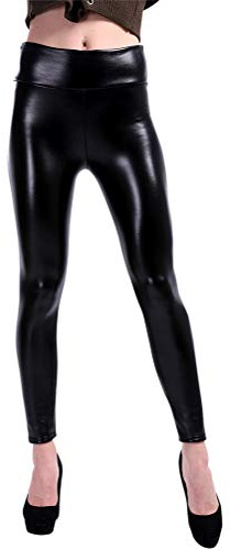 Onsoyours Leggings Simili Cuir Taille Haute Sexy Femme Pantalon Doublé en Polaire Thermique Chaud d'hiver À Taille Haute Long Pantalon 01 Noir Épais XS