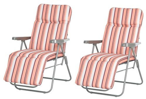 Outsunny Pack de 2 Tumbonas Plegables Tumbonas de Jardín Exterior con Cojín Acolchado, Respaldo Ajustable en 5 Posiciones, Reposapiés y Marco de Acero, 60x75x65-102 cm, Rayas Naranja