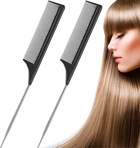 ROTOPATA 2 Stück Stielkamm Toupierkamm für Friseur, Stilkamm Hair Kamm mit Langem Metall Stiel, Hitzebeständig Carbon Faser Stabkamm Haarkamm
