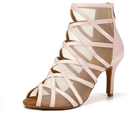 TINRYMX Zapatos de Baile Latino Mujer Punta Abierta Profesional de salón Tango Salsa Bachata Botas de Baile,L445-rosa-8.5CM,40 EU