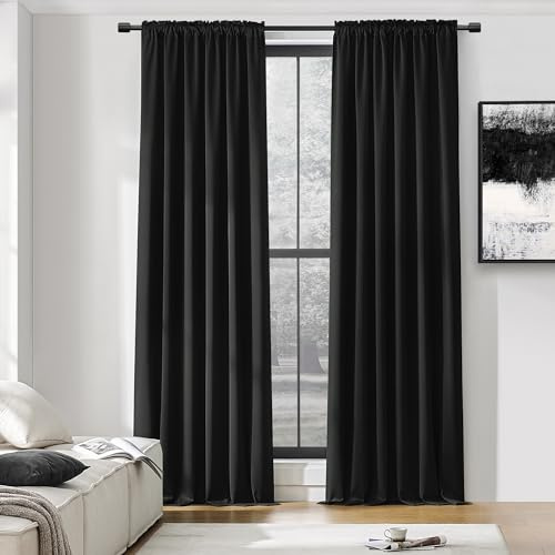 DONREN Backdrop 5FT x 9FT Curtains Panels - Energy Saving Thermal Insulated Solid Rod Pocket Blackout Draperies for Patio (1 Pair, 60 inches by 108 Inch Length,Black)