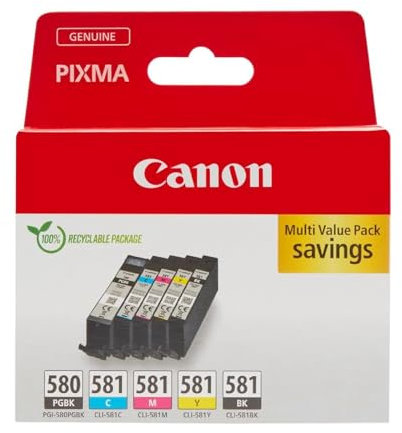 Canon Tinten-Multipack - PGI-580/CLI-581 Original Drucker Tintenpatronen 5er-Pack (1 x Schwarz, 1 x Cyan, 1 x Magenta, 1 x Gelb & 1 x Schwarz druckerpatronen)
