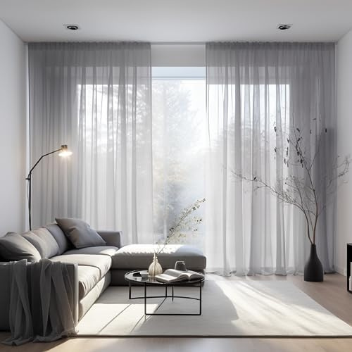 NAKIHOUSE Voile Curtain, 96 Drop Net Curtains Light Filtering Window Treatment Sheer & Drapes Slot Top Light Grey Sheer Curtains for Bedroom/Nursery Room 52 x 96, 2 Panels