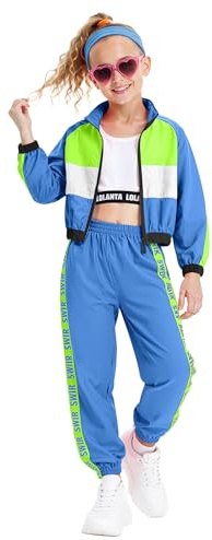 LOLANTA 3 pezzi vestiti hip hop per ragazze, tuta colorblock retrò anni '80, canotta corta, giacca con cerniera, pantaloni jogger, Blu Scuro, 10-11 anni, 150