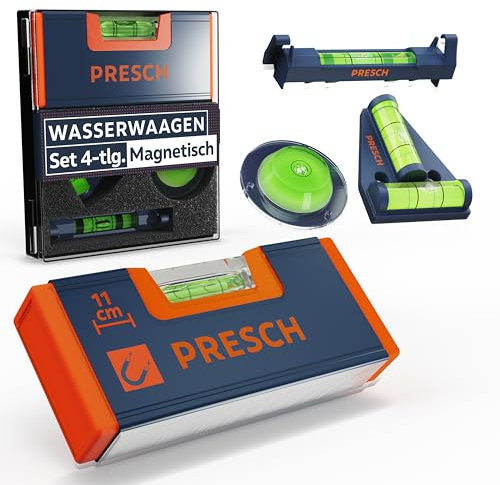Presch Set de Niveles Mini 4 Piezas - Nivel en T, Circular y Burbuja - Set Completo Con Imán Reforzado Para Máxima Adherencia - Vidrio Acrílico Irrompible