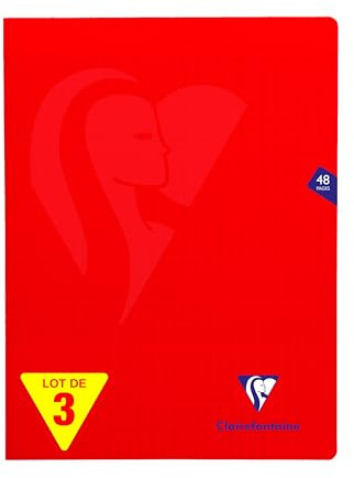 Clairefontaine 333311AMZC Un lot de 3 Cahiers Agrafés Mimesys - 24x32 cm - 48 Pages Grands Carreaux - 90 g - Couverture Polypro - Couleur Rouge