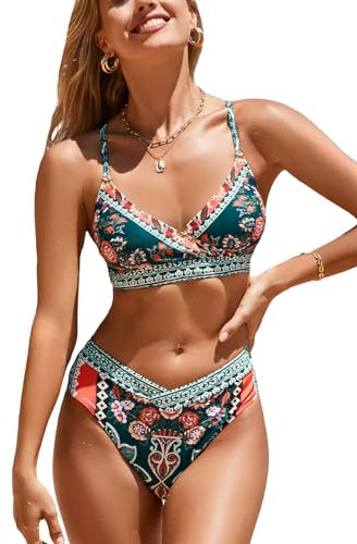 CUPSHE Damen Bikini Set V Ausschnitt Wickeloptik High Waist Bikini Bademode Boho Blumenmuster Zweiteiliger Badeanzug Swimsuit Dunkelgrün/Blumenmuster L