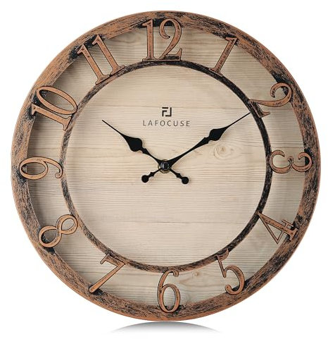 Lafocuse 30cm Orologio da Parete Numeri 3D Design Vintage, Silenzioso Rustico Retro Orologio Marrone, Shabby Chic Decorativo senza Ticchettio per Cucina Soggiorno Camera da Letto