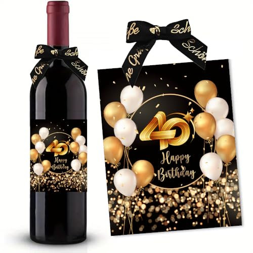 40. Geburtstag Flaschenetikett mit Schleife Schwarzes Gold Lack veredelt 10x12,7cm Happy Birthday 40 - Geburtstagsdeko Geburtstagsgeschenk Geschenke für Frauen Männer