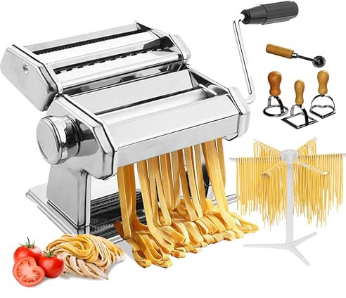 Nonni's Kitchen Máquina manual para hacer pasta, rodillo de pasta de acero de 150 mm con 3 sellos de pasta, 9 ajustes de grosor ajustables, estante de secado de pasta, cortador para lasaña, fettuccine