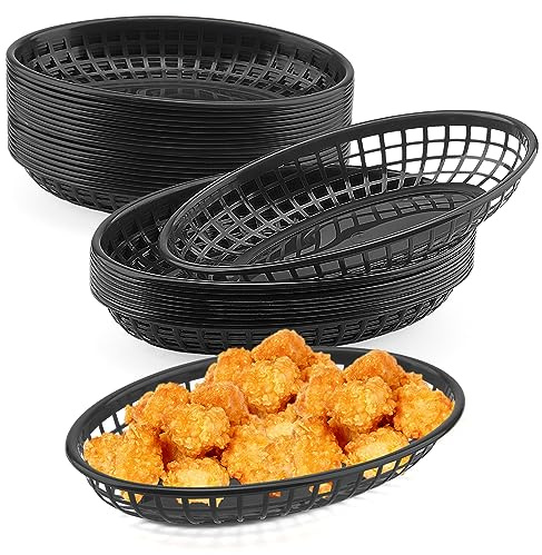 FAAING 40 cestas de comida rápida de estilo retro, color negro, 22,5 x 14 x 4 cm, de plástico, ovaladas, para pan, cestas de alimentos, cestas pequeñas para servir patatas, hamburguesas, sándwiches