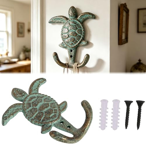 Neletao Cast Iron Hooks Cast Iron Sea Turtle Double Hook Bronze with Green Verdigris Patina Great Gift 3.5 W X 4.5 H (1)