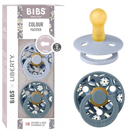 BIBS Liberty Dummies | 2 Colour Natural Rubber Latex Soothers | BPA Free Dummy | Round Nipple Pacifier | Designed & Made in Denmark | Bobo Dusty Blue Mix | Size 2 | 6+ Months