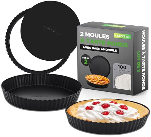 Nutrichef Tortiera Rotonda 23 cm, Teglie da Forno 2 Pezzi, Stampo Crostata in Acciaio Carbonio, Teglia Forno Base Rimovibile, Antiaderente, Altezza 2,5 cm, Tortiera Apribile, Nero