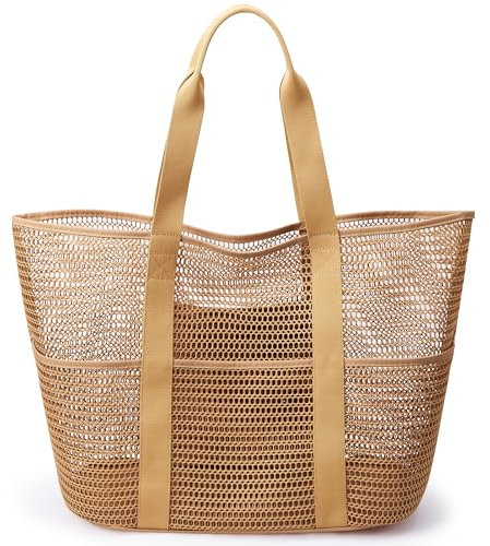 KALIDI FANCY FOREST Mesh Strandtasche Badetasche XXL Familie Große Beach Bag Tote Bag mit Reißverschluss Faltbar Damen Wasserdichte Shopper Tasche Einkauftasche,Braun