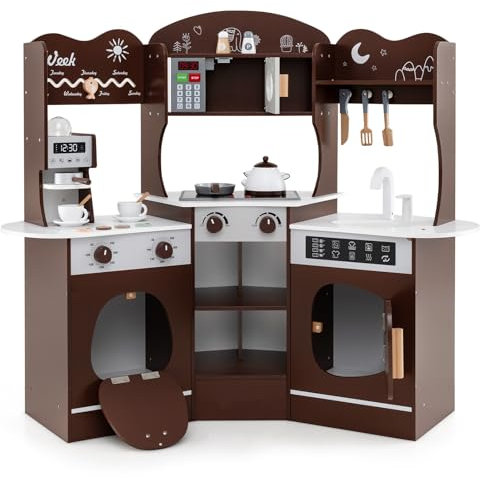 DREAMADE Cuisine d’Angle en Bois pour Enfants avec Machine à Café, Four, Micro-Ondes, Machine à Laver, Accessoires, Ensemble de Jouets de Cuisine pour Les +3 Ans avec Lumières et Sons (Marron)