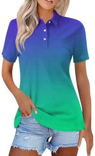 Polo da donna con sfumature di colore, blusa casual a maniche corte, per golf, con bottoni, revers, per tennis, traspirante, per il tempo libero, aderente, per l'estate, polo sportivo, taglie comode