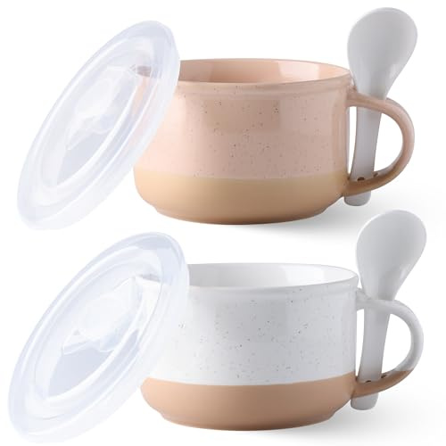 GBHOME 700 ml keramiska soppkoppar, set om 2 med handtag och lock, terrakotta undersida och sked för soppa/müsli/sallad/nudlar/ram, mikrovågsugn och diskmaskinssäker, vit och persika