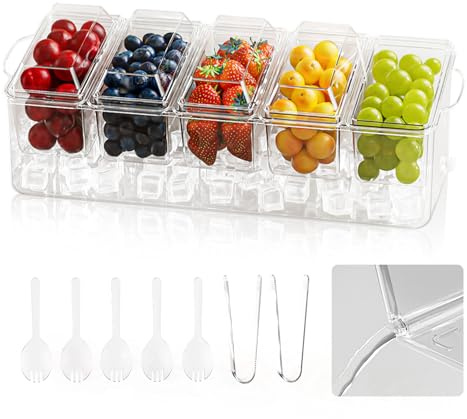 MIKESIER Ice Chilled Condiment Caddy, Condiment Tray Server with 5 Containers Lids, Fruit & Garnish Tray for Party Supplies & Bar Accessories, Set of 5 Serving Spoons & 2 Tongs Included