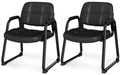 HOMASIS Set di 2 Sedie da Conferenza, Sedia Ergonomica per Visitatori con Schienale e Braccioli, Sedia da Ufficio Imbottita per Studio, Reception, Portata Fino a 150 kg, Nero (64 x 60 x 82,5 cm)