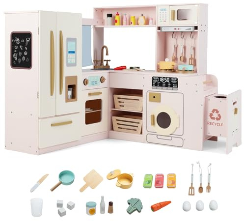 Maxmass Large Kids Corner Kitchen, Wooden Children Role Play Kitchen Set with Lights & Sounds, Fridge, Ice Maker, Trash Can, 22 Accessories, Toddler Pretend Kitchens Toy for 3+ Years Old (Pink)