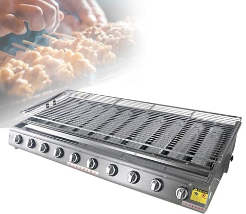 Barbacoa de Gas de Sobremesa Acero Inoxidable 304, 4/8/10 Quemadores con Tapa, Altura de Rejilla Regulable, Parrilla Profesional para Balcón y Camping, Butano 2800Pa(10 Burner)