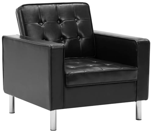 HFXHIJXQ Chesterfield Sillón negro 75 x 70 x 75 cm, de piel sintética tapizada con botones, moderna silla con reposabrazos para salón y dormitorio, patas de acero estables