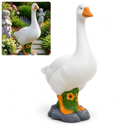 DUY Estatua de jardín de ganso blanco con sombrero de vaquero y bufanda a cuadros, adorno de césped al aire libre para patio, porche, patio y decoración de cama de flores (sin ropa, 1 pieza)