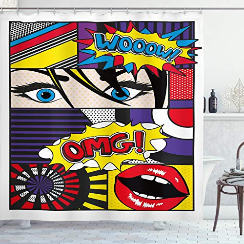 ABAKUHAUS Kunst Duschvorhang, Comic-Muster, Stoffliches Gewebe Badezimmerdekorationsset mit Haken, 175 x 180 cm, Lila Gelb Rot