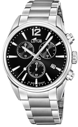 LOTUS Reloj Hombre Analógico de Acero Inoxidable 316l Plateado - Movimiento de Cuarzo - Cronógrafo - Calendario - Cristal Mineral de Alta Resistencia - Resistente al Agua 10 ATM Casual 18690/3 Chrono