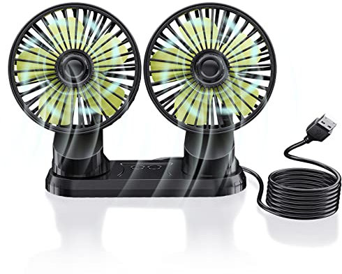 Ymenow Ventilateur de Voiture 5V à Double Tête, Ventilateur de Véhicule USB Portable, Rotation à 360 Degrés, Ventilateur de Bureau Avec 3 Vitesses de Vent Fort pour Tableau de Bord de Voiture, Maison