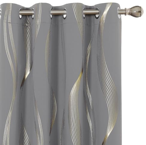 Deconovo Blackout Eyelet Curtains Thermal Insulated Gold Wave Line Foil Printed Curtains for Bedroom 46x54 Inch Light Grey 2 Panels