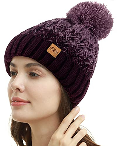 REDESS - Gorro de Invierno con pompón para Mujer, Gorros cálidos con Forro Polar, Gorro Cruzado de Punto de Nieve Holgado Grueso para Damas