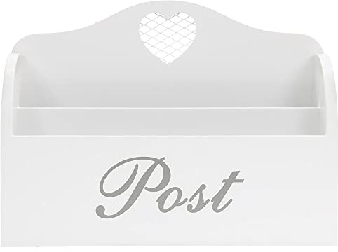 White Letters Post Rack With Grey Lettering and Cutout Heart Detail, Twin Compartment Decorative Mail Organiser Letter Storage for the Home