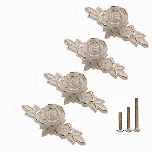 GDQLCNXB 4 Pcs Euro Rose Cabinet Knobs with Backplate, 102mm Vintage Zinc Alloy Flower Drawer Pull Handles for Dresser Vanity Nightstand Cupboard (4.0 Ivory White & Gold Edge)