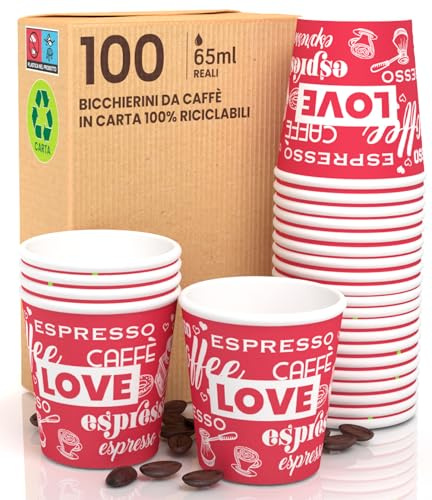 LoveRedCUP 100 pappersmuggar, 65 ml, miljövänlig, biologiskt nedbrytbar, engångsmugg, liten, att ta med sig, varma drycker