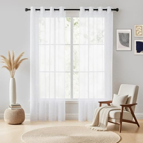 NAKIHOUSE Voile Curtain 84 Drop 2 Panels Net Curtains for Windows Eyelet Top Sheer Curtains for Kitchen Living Room Bedroom Window Treatment, White Voiles, 52 x 84