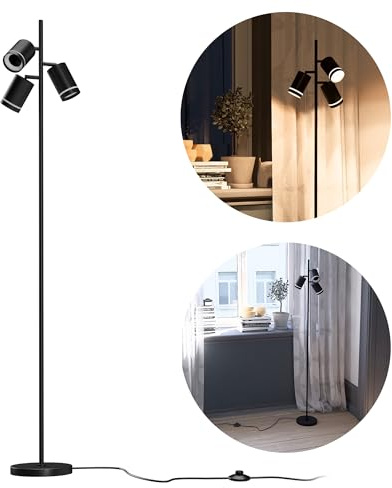 linovum TAVIRA Stehleuchte Wohnzimmer 3-flammig - moderne Standlampe schwarz drehbar mit Fußtaster für 3x GU10 Leuchtmittel
