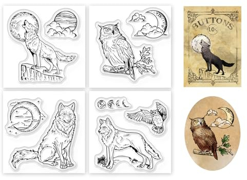 GLOBLELAND 4 sellos transparentes de silicona con diseño de búho lobo y animales realistas, sellos transparentes para álbumes de recortes, álbumes de fotos, tarjetas decorativas, 2.2 x 2.2 pulgadas