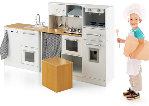 HOMASIS Cocina de Juguete Split Infantil con luz y Sonido, Cocina de Juguete de Madera, Juego de Cocina de 2 Piezas con Lavadora Horno Accesorios Divertidos, para niños más de 3 años, 79x29x81cm