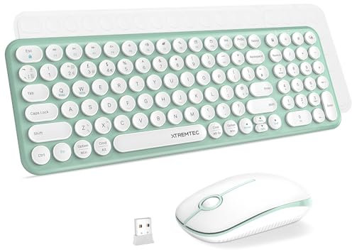 XTREMTEC Wireless Keyboard and Mouse set,Compact Size Cute Keyboard Retro Round Key cap-2.4GHz Ultra-Slim Quiet Aesthetic for Mac OS,Windows Computer Laptop-UK Layout(Macaron Green)