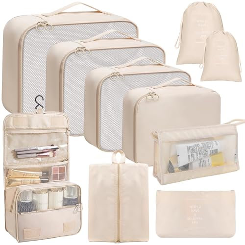 Qintora Koffer Organizer Set 10 Stück Packing Cubes, Platzsparender Packwürfel,Packing Cubes Compression, Kleidertaschen, Reise Organizer Set für Kosmetik, Kleidung und Schuhe (Beige)