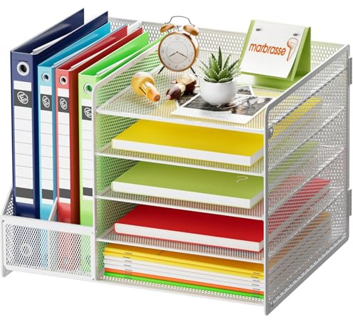 Marbrasse Desk Organiser File Holder,5-Tier Paper Letter Tray Organiser,Mesh Desktop Storage with Magazine Holder for Office Supplies (White without Drawer and pen holder)