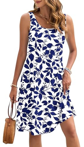 AUSELILY Vestito Estivo da Donna Senza Maniche Lunghezza al Ginocchio Casual da Spiaggia Leggero con Tasche Foglie Blu Navy M