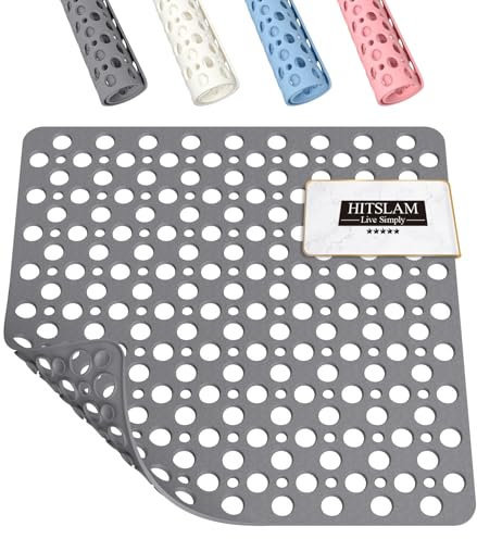 HITSLAM Square Shower Mat Non Slip Anti Mould, 53 x 53 cm Rubber Bath Mat for Tub Anti Slip, Bathroom Anti Slip Shower Mat With Suction Cups and Drain Holes, Machine Washable, Grey