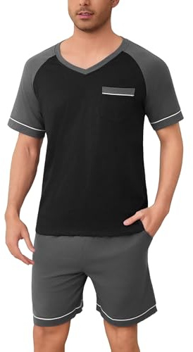 Irdcomps Pyjama Homme Coton Été Ensembles de Pyjama Ete Court Doux à Manches Courtes col V Vêtements de Nuit Vêtements de Détente Couleurs Contrastées Ensemble Pyjama Estival Gris XXL